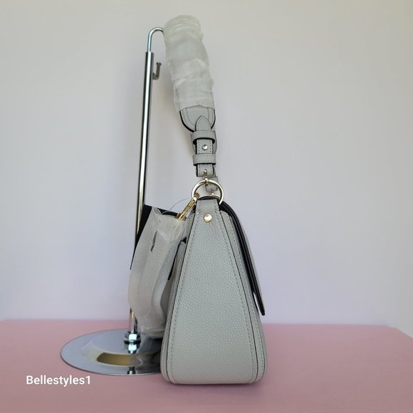 KATE SPADE Hudson Pebbled Leather Medium Flap Convertible Shoulder Bag-Platinum⭐ - Picture 8 of 16